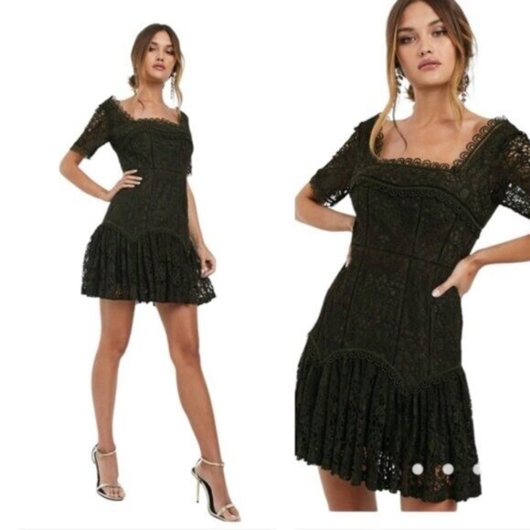 ASOS Milkmaid Dress 4 Dark Coquette Feminine Lace Hunter‎ Green Fairy Goth Event - Picture 1 of 16
